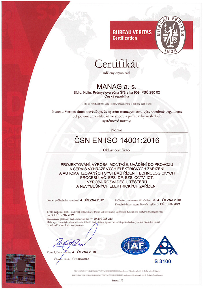 Certifikát ČSN EN ISO 14001 společnosti Manag v JPG náhledu