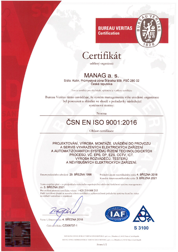 Certifikát ČSN EN ISO 9001 společnosti Manag v JPG náhledu